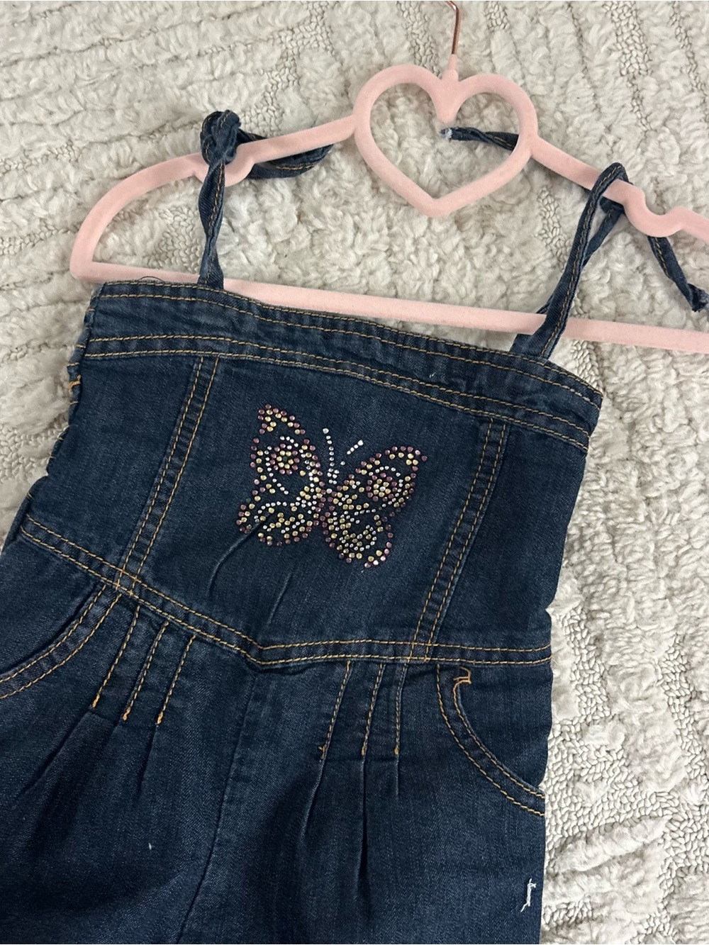 Girls Dark Blue Denim Romper with Rhinestone Butterfly